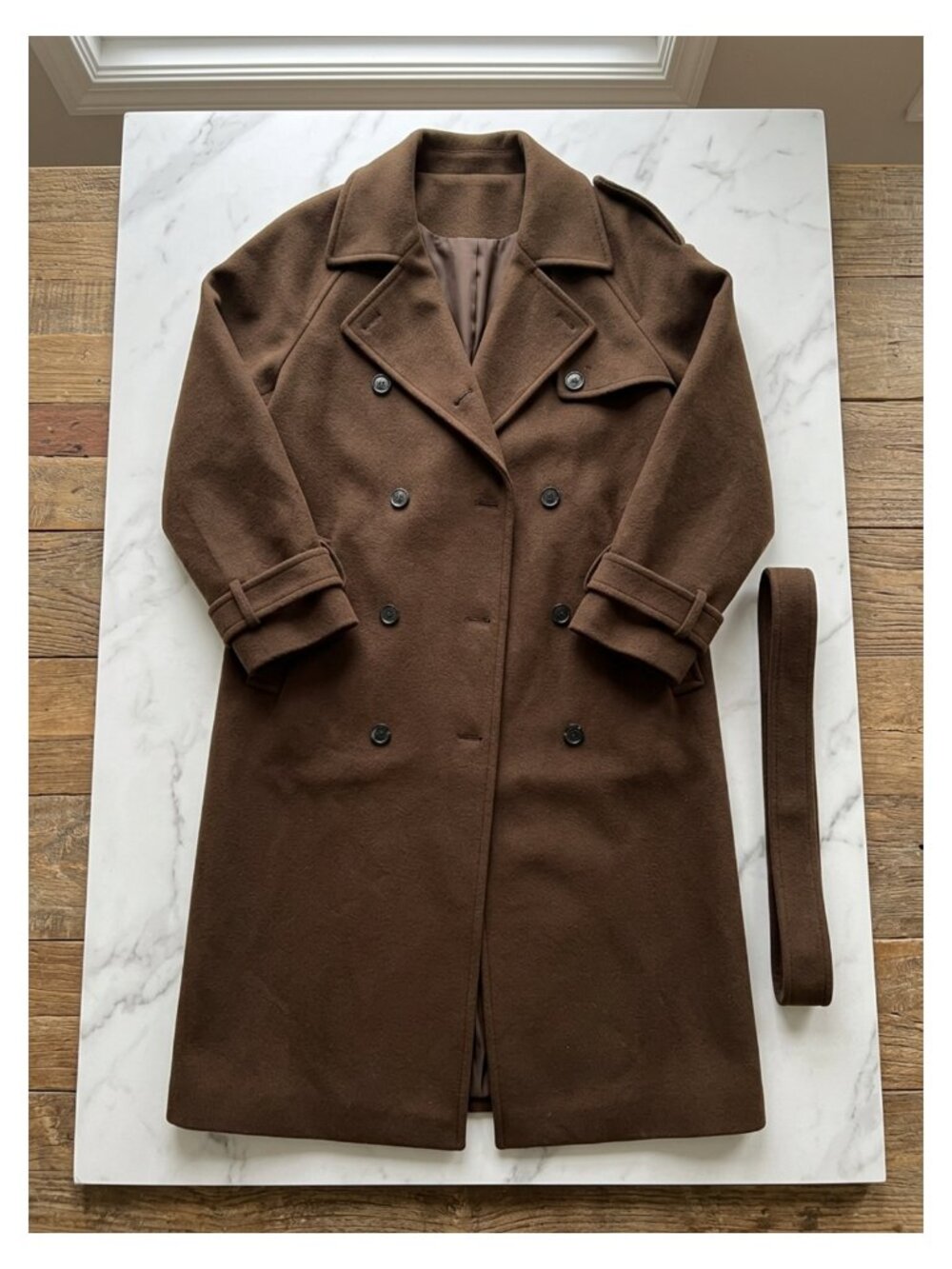 Women's Double Breasted Wool Blend Midi Trench Coat Belted